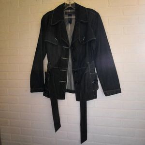 Baccini Dark Wash Denim White Stitched Belted Peplum Jacket Size Medium